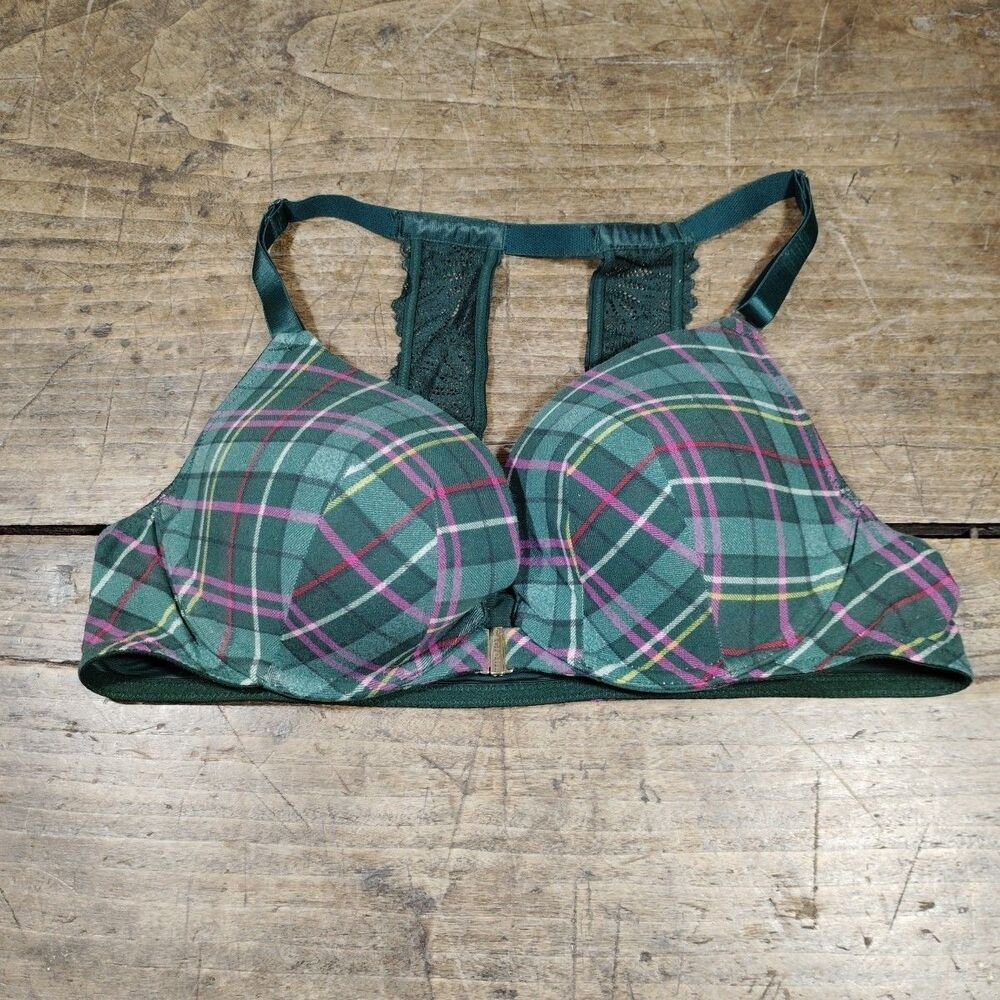 Cacique Bra 40B Boost Plunge Green Plaid Lace Front Closure VGC